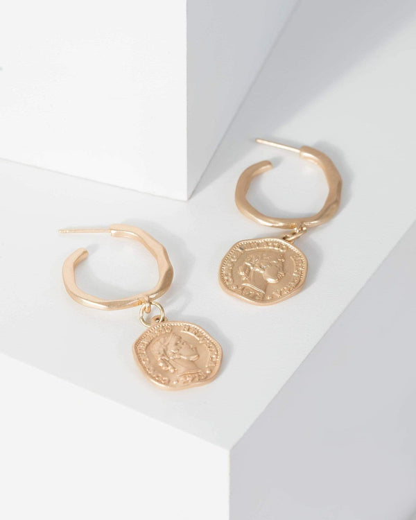 Gold Textured Hoop Coin Pendant Earrings | Earrings