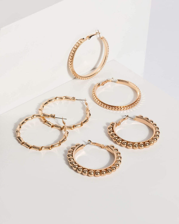 Gold Textured Hoop Earring Set | Earrings