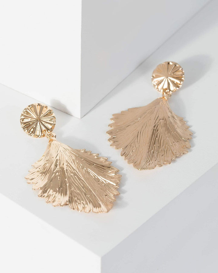 Gold Textured Leaf Drop Earrings | Earrings