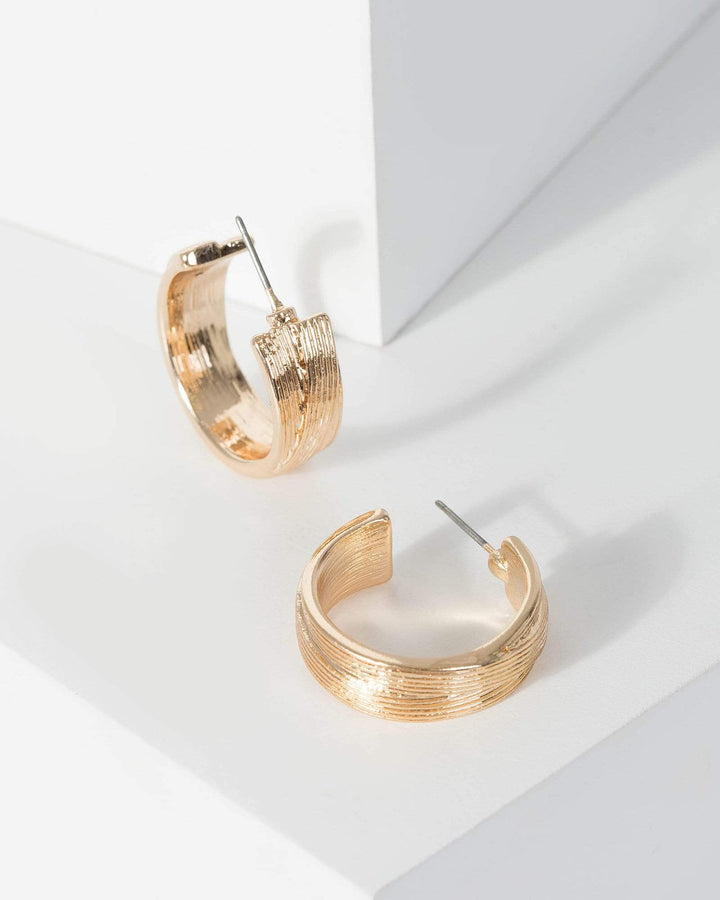 Gold Textured Line Detail Hoop Earrings | Earrings