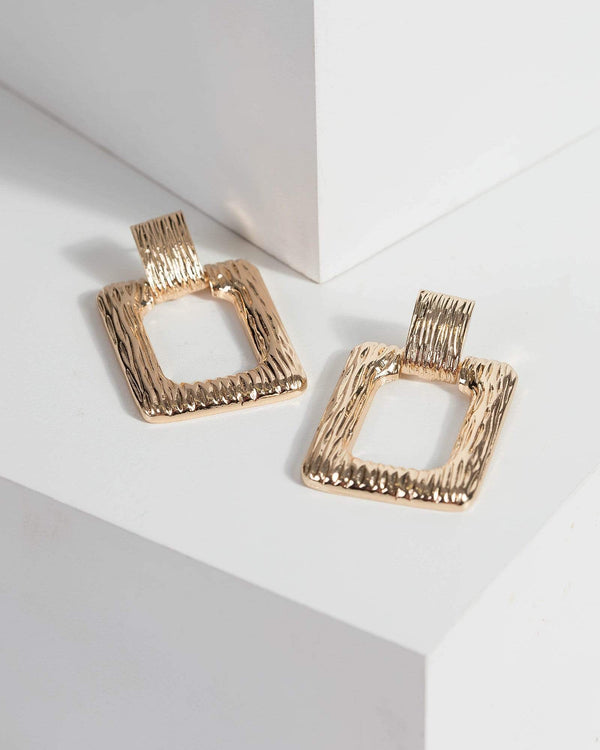 Gold Textured Metal Rectangle Drop Earrings | Earrings