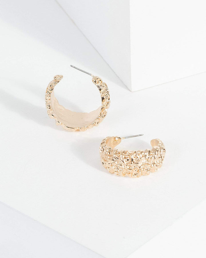Gold Textured Mini Open Hoops Earrings | Earrings