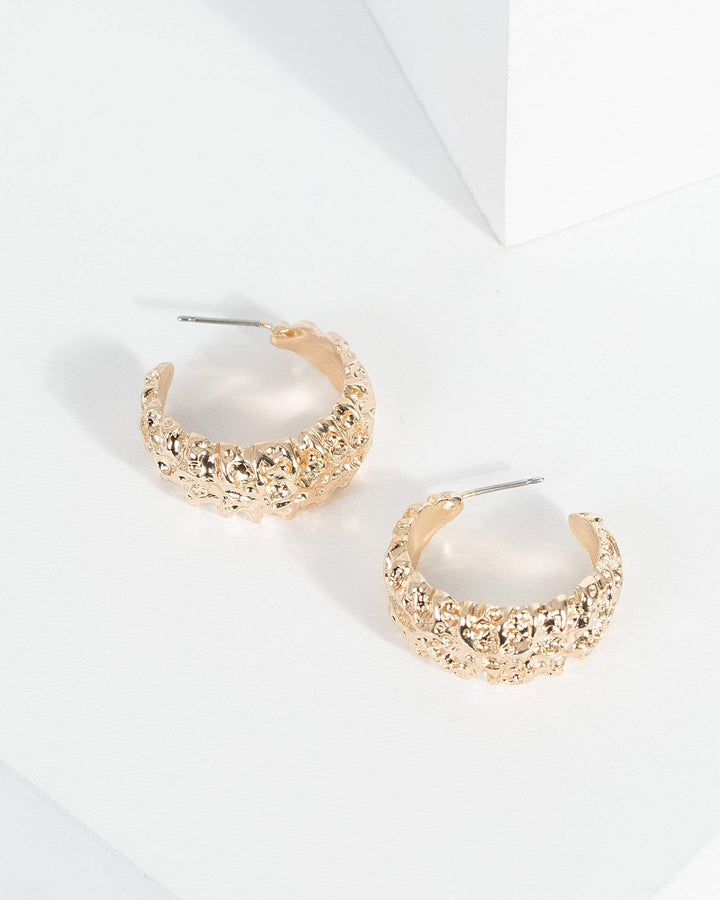Gold Textured Mini Open Hoops Earrings | Earrings