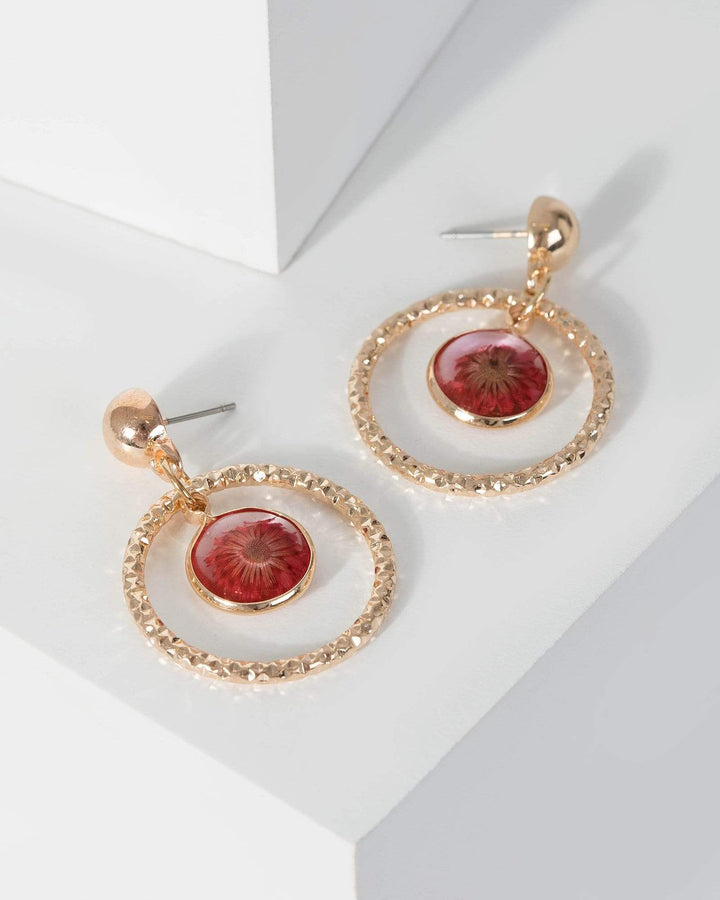 Gold Textured Open Hoop Flower Earrings | Earrings