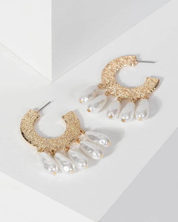 Gold Textured Pearl Hoop Earrings | Earrings