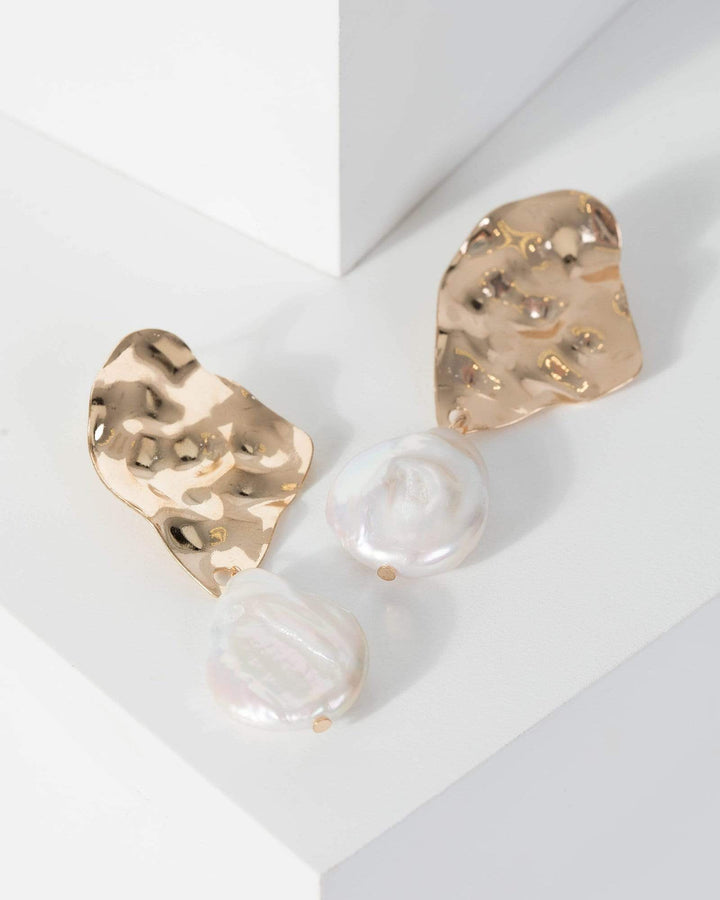 Gold Textured Plate Organic Pearl Drop Earrings | Earrings