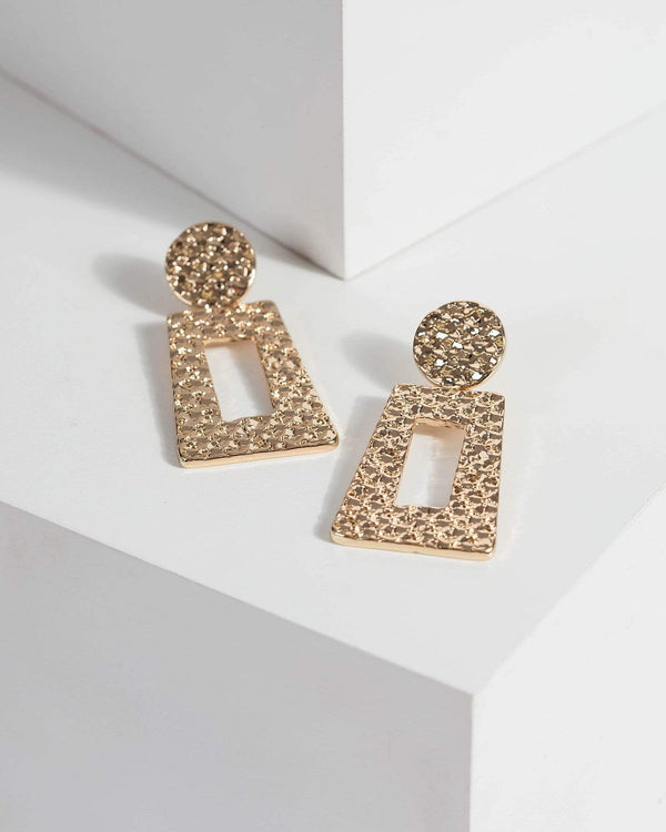 Gold Textured Rectangle Drop Earrings | Earrings