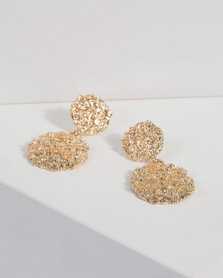 Gold Textured Round Drop Earrings | Earrings