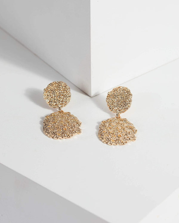 Gold Textured Round Drop Earrings | Earrings
