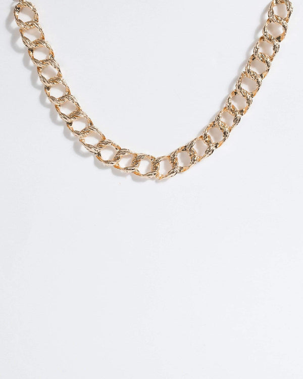 Gold Textured Round Linked Chain Necklace | Necklaces