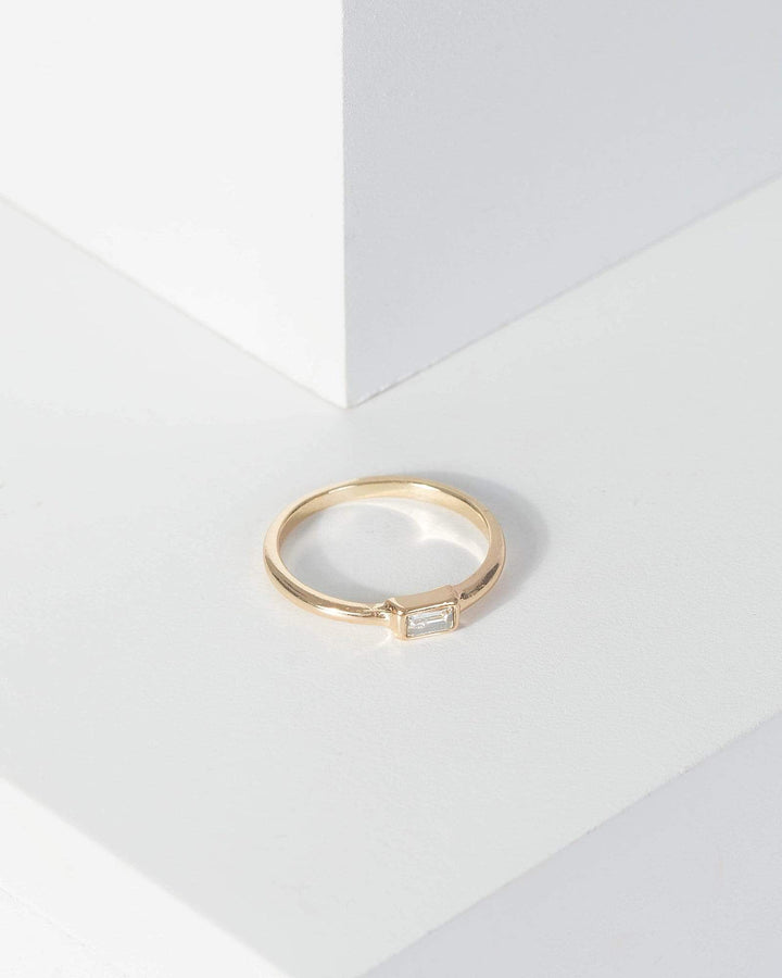 Gold Thin Diamante Rectangle Detail Ring | Rings