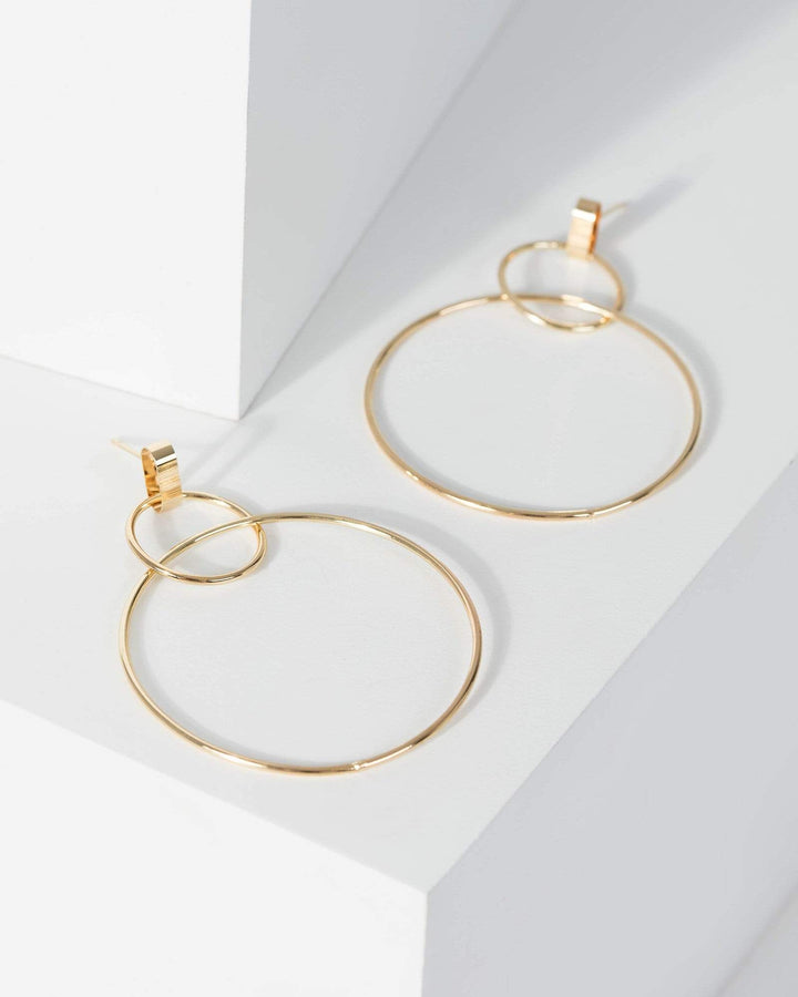 Gold Thin Metal Double Hoop Drop Earrings | Earrings