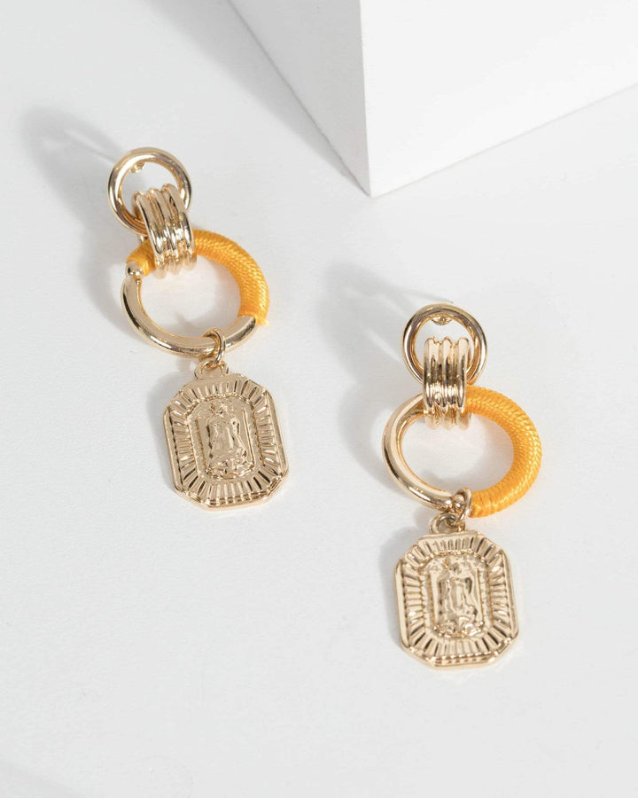 Gold Thread Wrap Medallian Drop Earrings | Earrings
