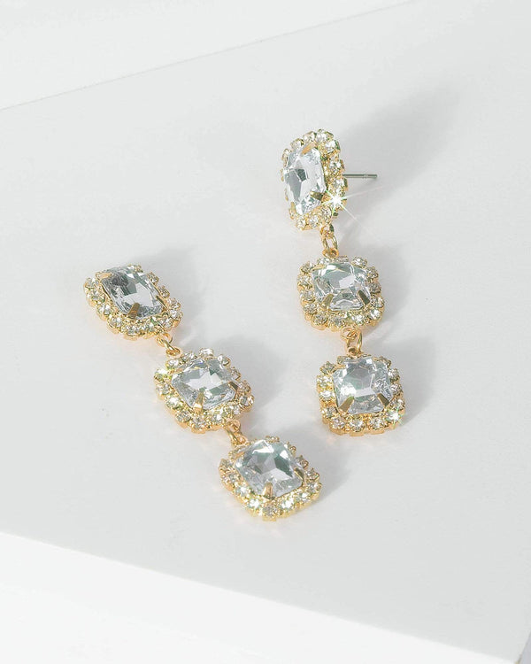Gold Three Row Diamante Detail Drop Earrings | Earrings