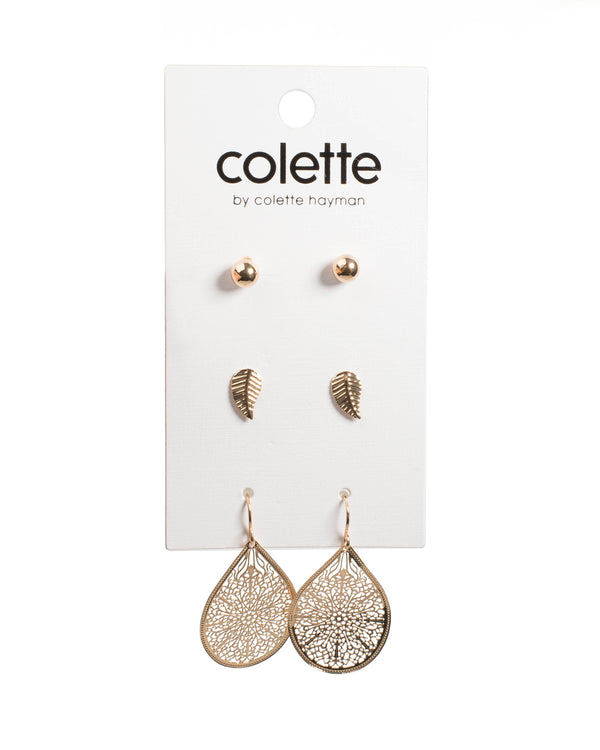 Colette by Colette Hayman Gold Tone Leaf Filigree Stud Earrings Pack