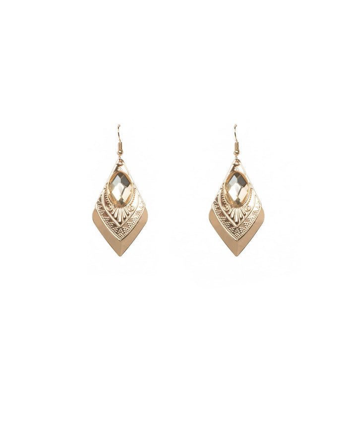 Gold Tone Oval Stone On Fine Aztec Metal Earrings | Earrings