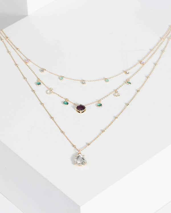 Gold Triple Layered Crystal Necklace | Necklaces