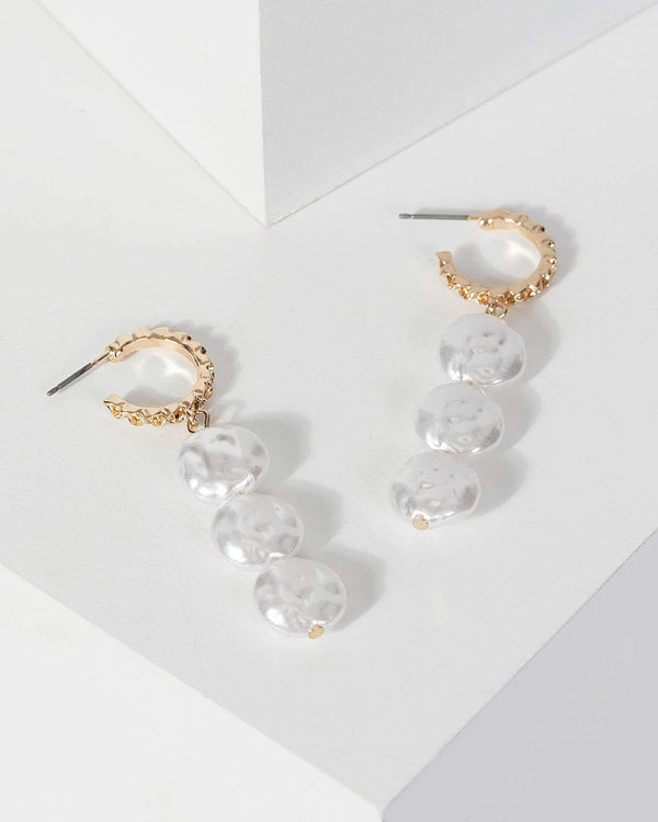 Gold Triple Pearl Drop Earrings | Earrings