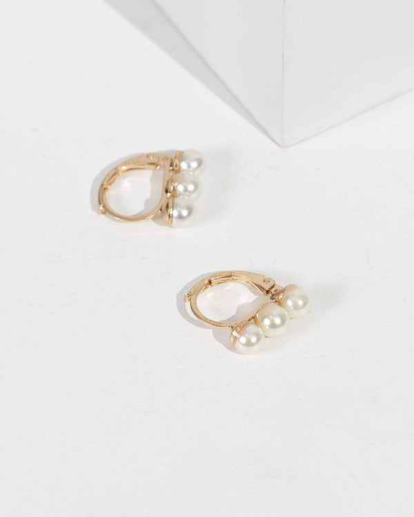 Gold Triple Pearl Huggies Earrings | Earrings