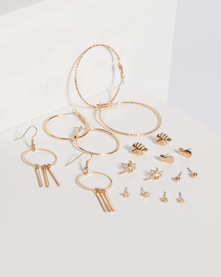 Gold Tropical Stud And Hoop Earring Set | Earrings