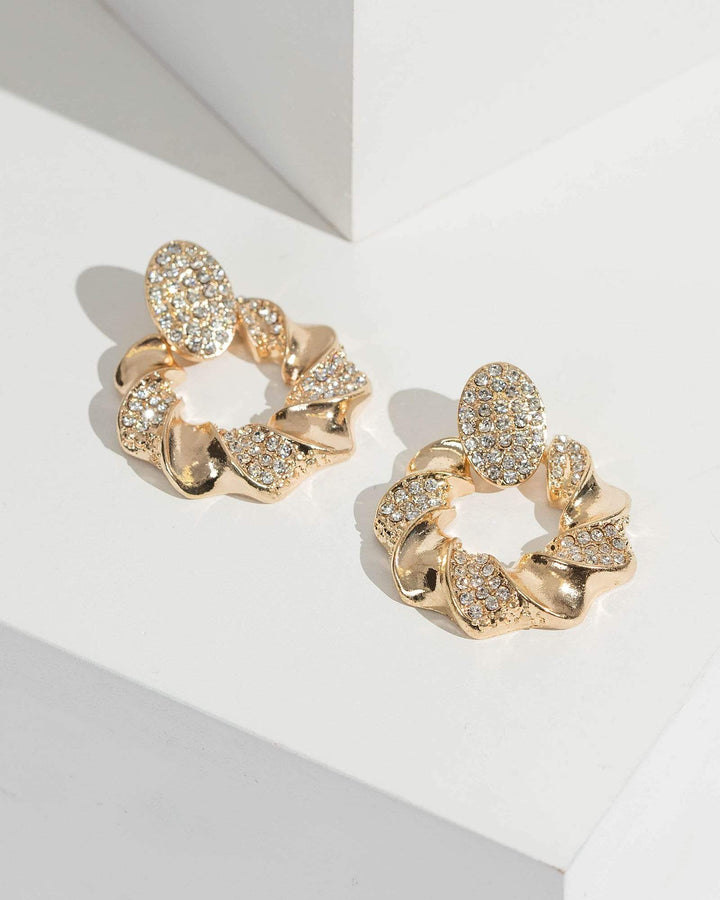Gold Twisted Crystal Drop Hoop Earrings | Earrings