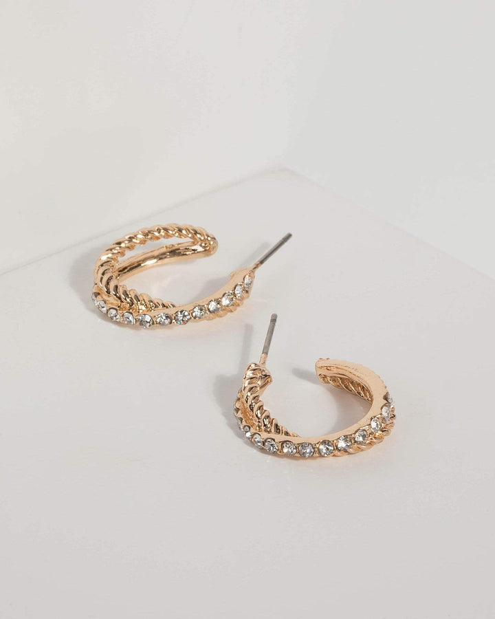 Gold Twisted Diamante Hoop Earrings | Earrings