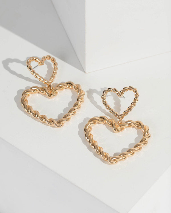 Gold Twisted Metal Double Heart Drop Earrings | Earrings