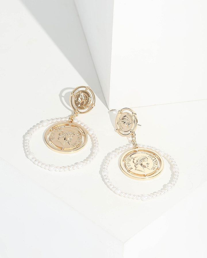Gold White Coin And Pearl Statement Earrings | Earrings