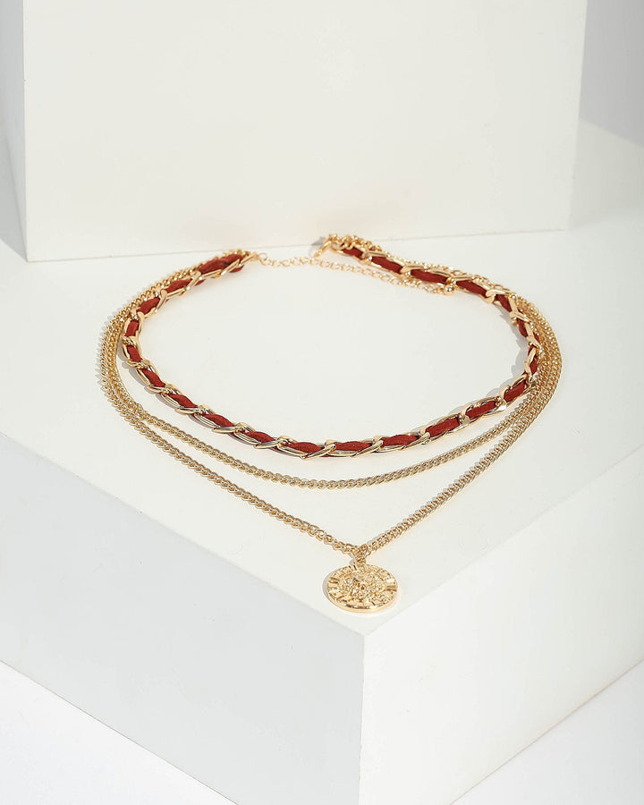 Gold Woven Suede Multi Chain Necklace | Necklaces