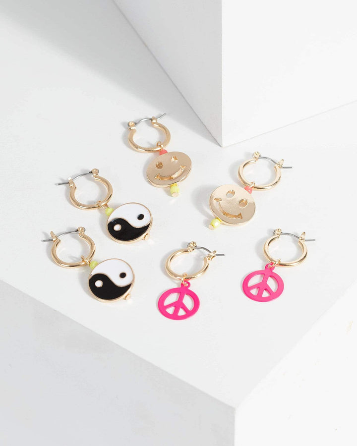 Gold Yin Yang Peace Smiley Pack Earrings | Earrings