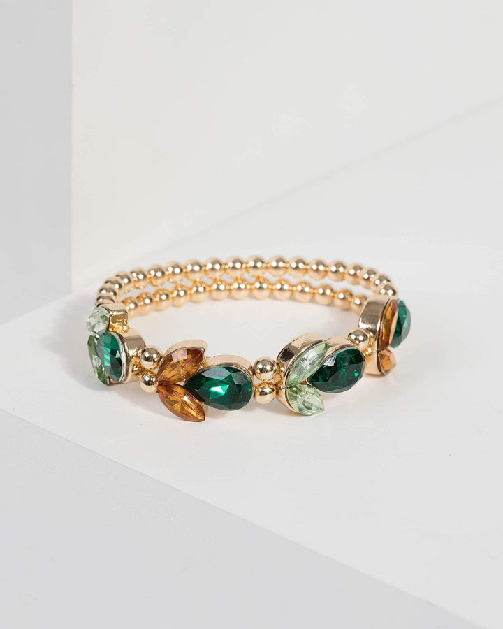 Green Crystal and Bead Stretch Bracelet | Wristwear