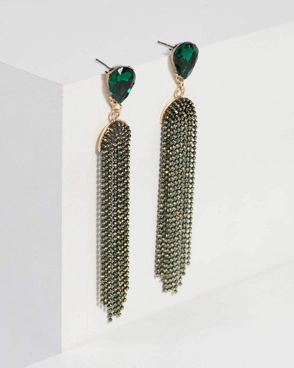 Green Crystal Chain Drop Earrings | Earrings