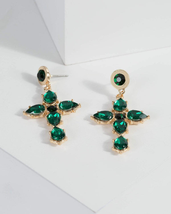 Green Crystal Cross Drop Earrings | Earrings