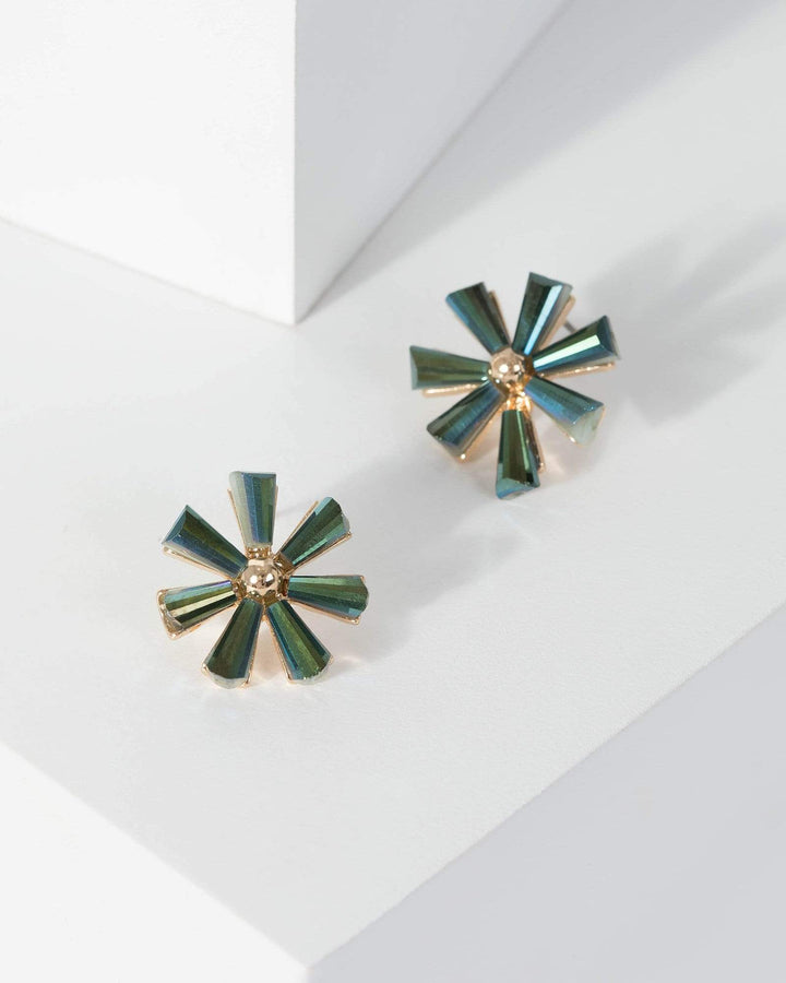 Green Crystal Flower Stud Earrings | Earrings