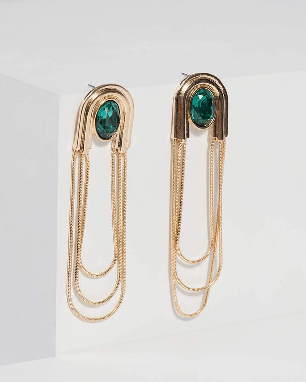 Green Crystal Metal Chain Drop Earrings | Earrings