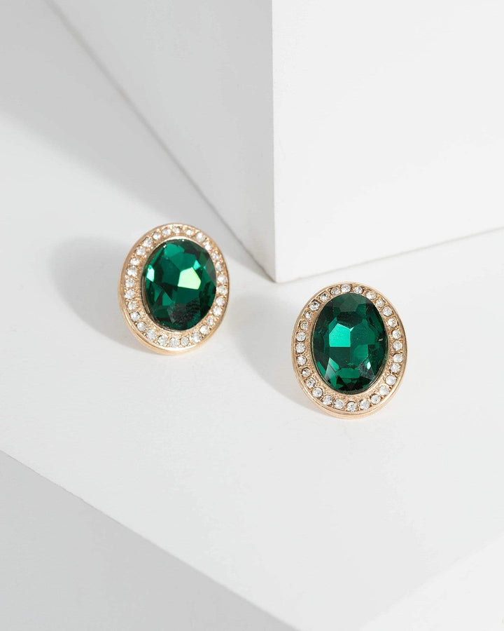 Green Diamante Rounded Stone Stud Earrings | Earrings