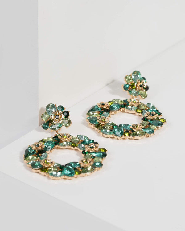 Green Floral Encrusted Halo Drop Earrings | Earrings