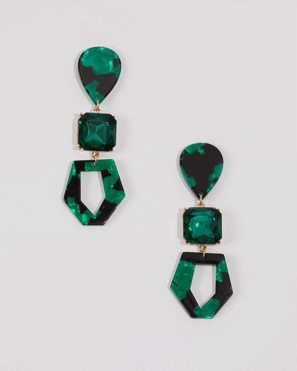 Green Gold Tone Diamante Acrylic Drop Earrings | Earrings