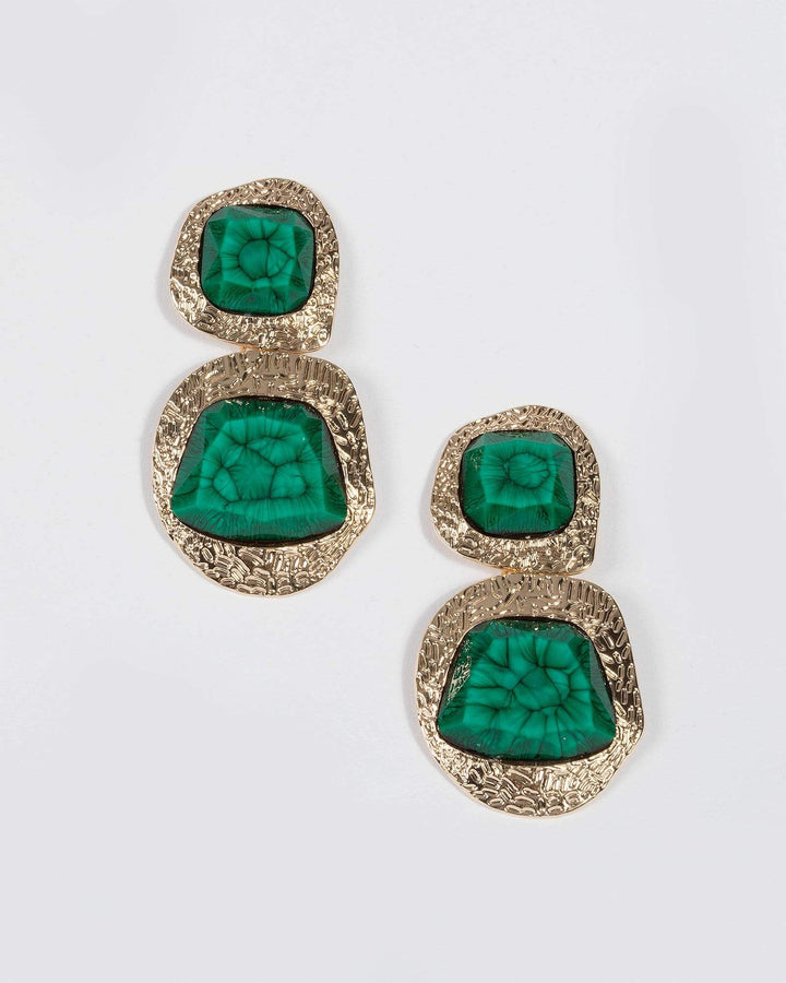 Green Gold Tone Large Chunky Detailed Acrylic Drop Earrings | Earrings