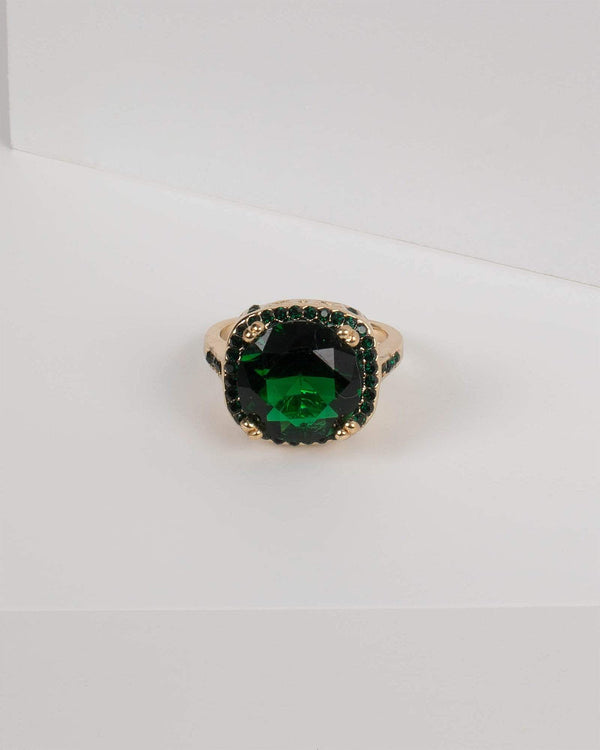Green Gold Tone Large Diamante Stone Cocktail Ring - Large | Rings