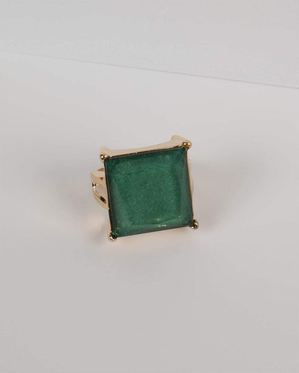 Green Gold Tone Large Square Stone Cocktail Ring - Large | Rings