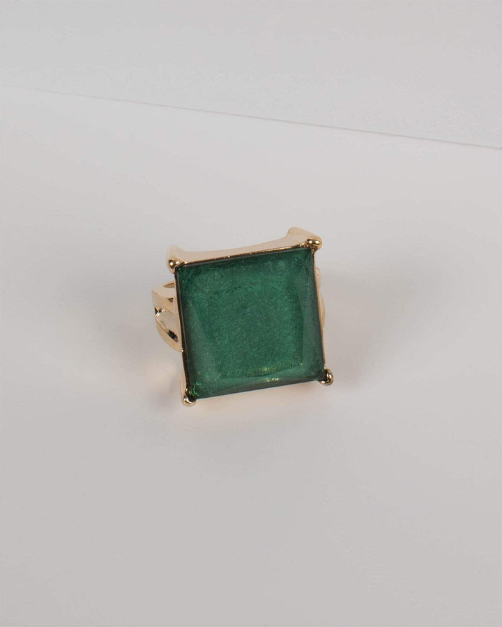 Green Gold Tone Large Square Stone Cocktail Ring - Small | Rings
