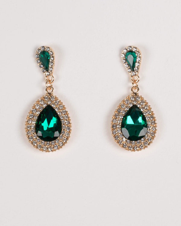 Green Gold Tone Teardrop Diamante Pendant Stud Earrings | Earrings
