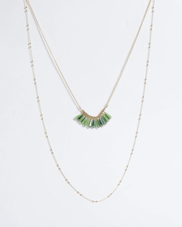 Green Layered Bead Long Necklace | Necklaces