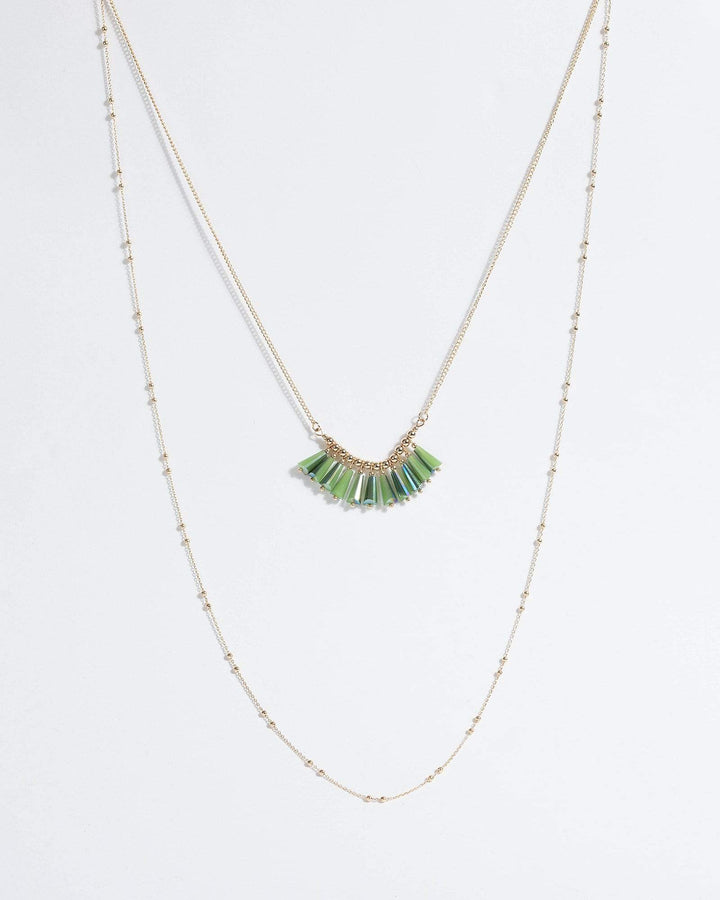 Green Layered Bead Long Necklace | Necklaces