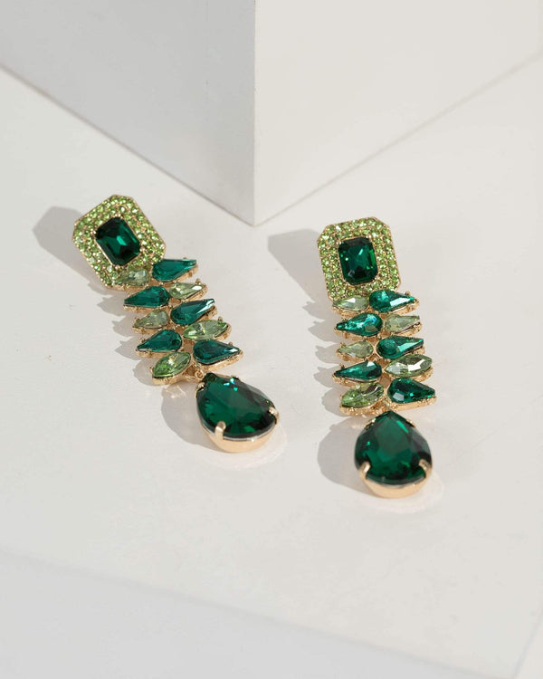 Green Multi Crystal Row Drop Earrings | Earrings