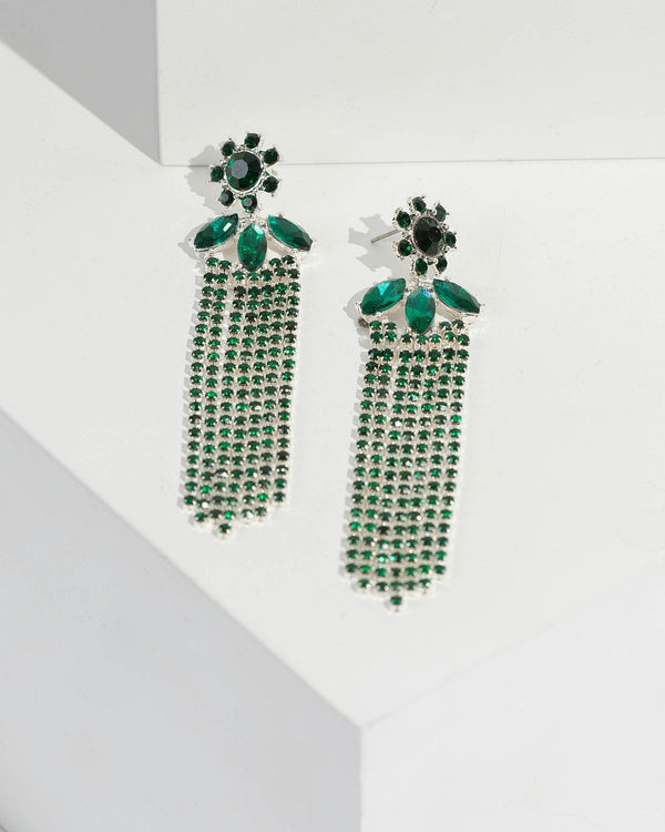 Green Multi Row Crystal Tassel Drop Earrings | Earrings