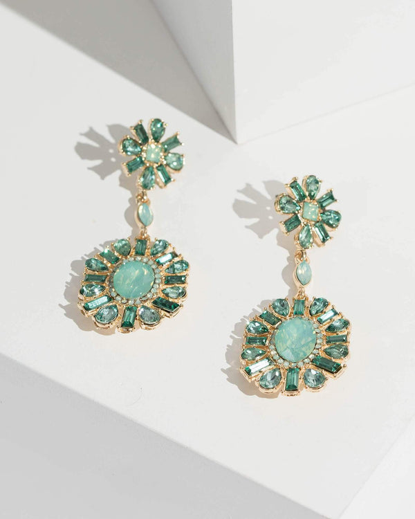 Green Round Crystal Cluster Drop Earrings | Earrings