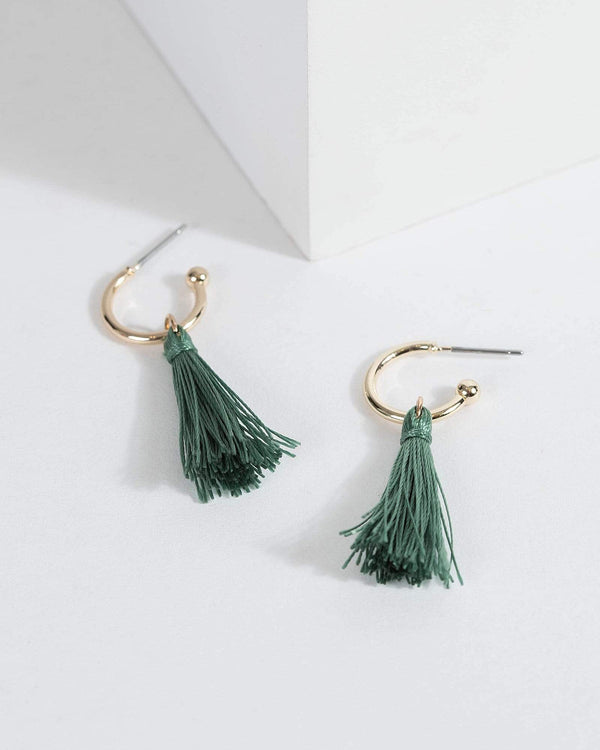 Green Tassel Huggie Hoop Earrings | Earrings