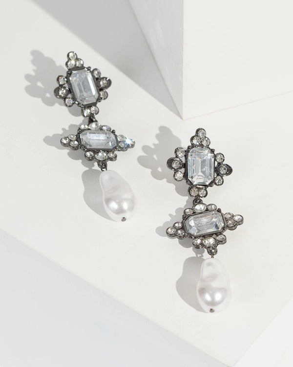 Gunmetal Art Deco Pearl Drop Stud Earrings | Earrings